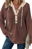 White Waffle Contrast Half Buttoned Hooded Pullover Top