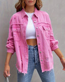 Ripped Long-Sleeved Denim Pink Jacket - Plus