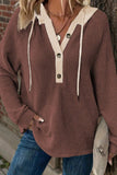 White Waffle Contrast Half Buttoned Hooded Pullover Top