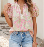 V Neck Pink & Teal Green Floral Short Puff Sleeve Blouse