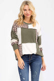 7th Ray - Leopard Patchwork Color Block Rib Knit Pullover Top T6089: Chestnut / S