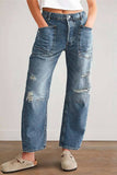 UNISHE - Blue Ripped Straight Jeans XYK044: Blue / M