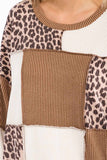 7th Ray - Leopard Patchwork Color Block Rib Knit Pullover Top T6089: Chestnut / S