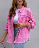 Ripped Long-Sleeved Denim Pink Jacket - Plus