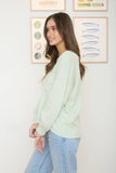 J.O.A - SPLIT NECK RAW EDGE LONG SLEEVE RIBBED KNIT TOP: LIGHT GREEN