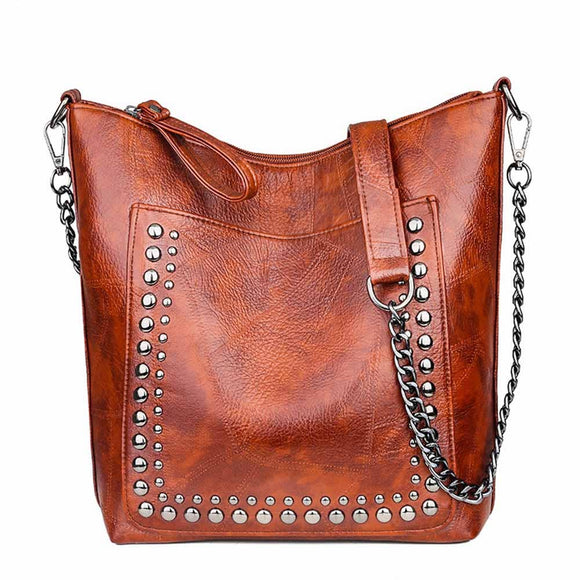 Wholesalesir - Fashion Chain Rivet Shoulder Tote Bag: Brown