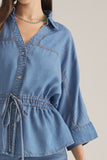 Entro - Denim V Neck Top With a Drawstring Waist.