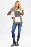 7th Ray - Leopard Patchwork Color Block Rib Knit Pullover Top T6089: Chestnut / M