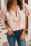 V Neck Pink & Teal Green Floral Short Puff Sleeve Blouse