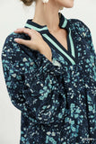 Floral Print Contrast Trim Long Sleeve Blue Tones Blouse - Umgee