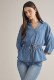 Entro - Denim V Neck Top With a Drawstring Waist.