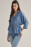 Entro - Denim V Neck Top With a Drawstring Waist.