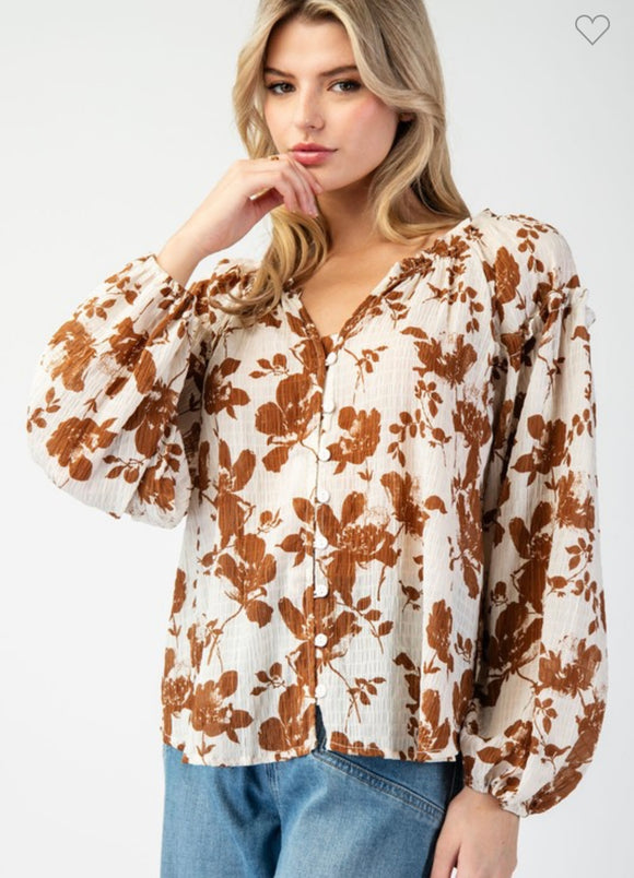 Floral Printed Crinkle Long Sleeve Blouse Top