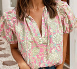 V Neck Pink & Teal Green Floral Short Puff Sleeve Blouse