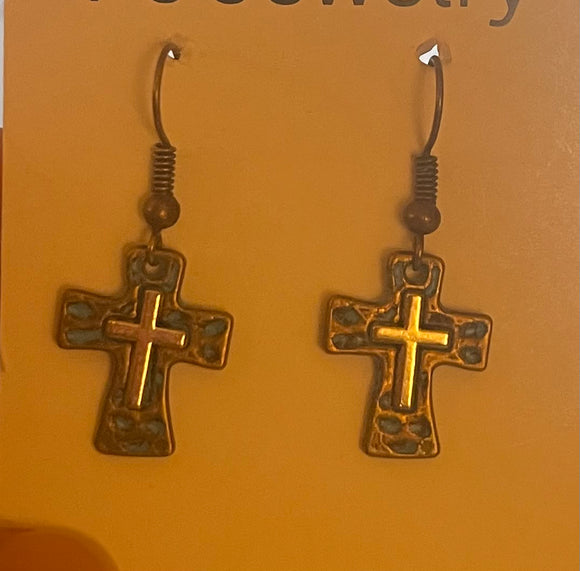 Copper Teal Sliver Cross Earrings