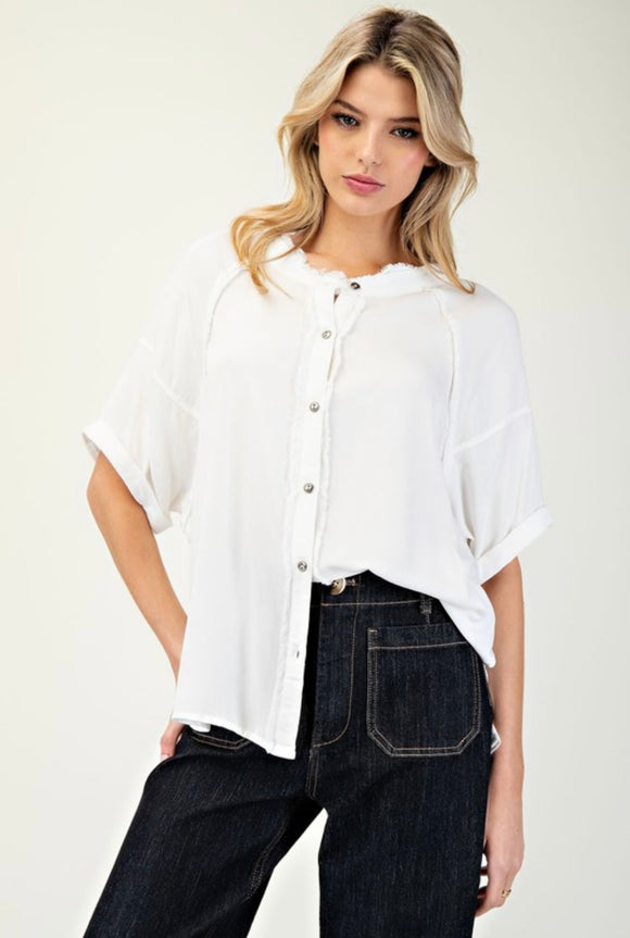 Half Sleeve Frayed Button Down Top