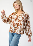 Floral Printed Crinkle Long Sleeve Blouse Top