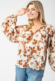 Floral Printed Crinkle Long Sleeve Blouse Top