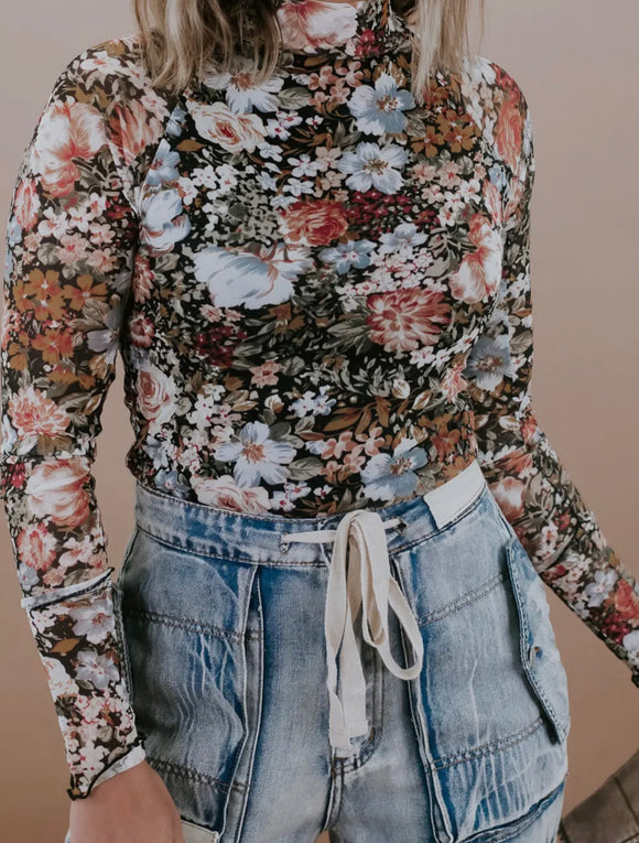 Floral Long Sleeve High Neck Sheath Mesh Blouse
