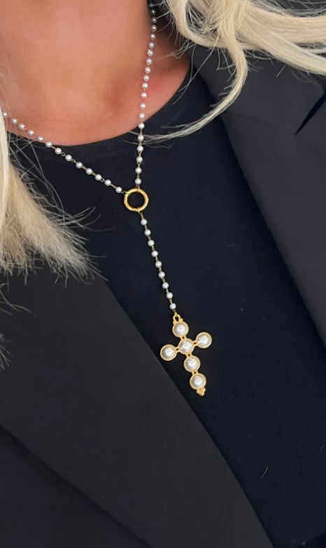 Lariat Pearl Cross Necklace   LARIAT PEARL CROSS NECKLACE