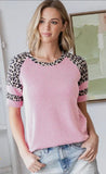 Rib Animal Print Short Sleeve Pink Top
