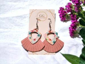 Floral Dangle Fringe Leather Earrings