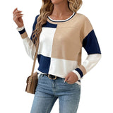 Color Block Crew Neck Ling Sleeve Knit Pullover Top