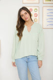 J.O.A - SPLIT NECK RAW EDGE LONG SLEEVE RIBBED KNIT TOP: LIGHT GREEN
