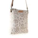 Myra Bag - Loom Tapestry upcycled canvas crossbody Bag for Women in sage with fringe detail