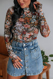 Lovesoft - Brown Floral Long Sleeve High Neck Sheath Mesh Blouse: Brown / 95%Polyester+5%Elastane / L
