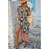 Supreme Fashion - Random Printed V Neck Split Loose Dress: BEIGE / XL