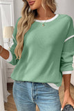 Lovesoft - Colorblock Crewneck Knit Look Long Sleeve Pullover Top: Dark Blue / 65%Polyester+30%Viscose+5%Elastane / S