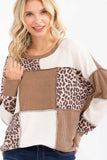 7th Ray - Leopard Patchwork Color Block Rib Knit Pullover Top T6089: Chestnut / L