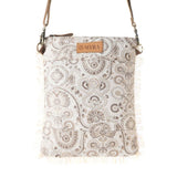 Myra Bag - Loom Tapestry upcycled canvas crossbody Bag for Women in sage with fringe detail