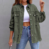 Lily Clothing - Old solid color denim coat with lapel and ripped raw edge: Orange / (M) 1