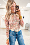 Retro Floral Print Mock Neck Mesh