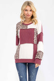 7th Ray - Leopard Patchwork Color Block Rib Knit Pullover Top T6089: Chestnut / L