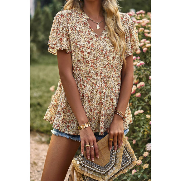Supreme Fashion - Floral Print Tie Neck Babydoll Blouse: APRICOT / XL