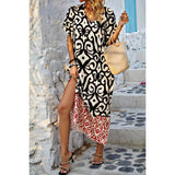 Supreme Fashion - Random Printed V Neck Split Loose Dress: BEIGE / M