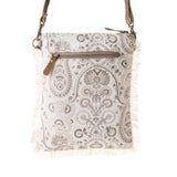 Myra Bag - Loom Tapestry upcycled canvas crossbody Bag for Women in sage with fringe detail