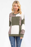 7th Ray - Leopard Patchwork Color Block Rib Knit Pullover Top T6089: Chestnut / S