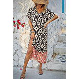 Supreme Fashion - Random Printed V Neck Split Loose Dress: BEIGE / M