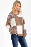 7th Ray - Leopard Patchwork Color Block Rib Knit Pullover Top T6089: Chestnut / M