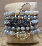 Breathtaking Grey And Multicolor Beaded Stone Bracelets With Crystal Grey Pendant.