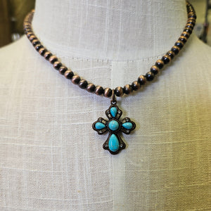 Copper Beaded Necklace With Turquoise Cross Pendant