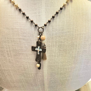 Cross Necklace With Earthy Beads And Tassle With Feather