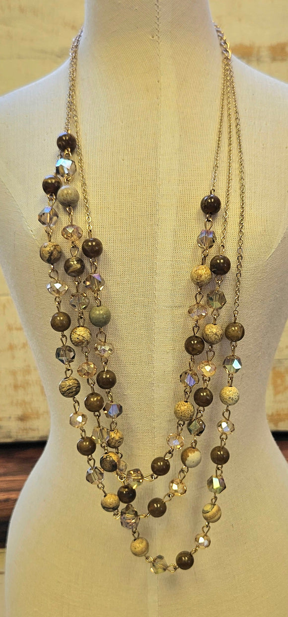 3 Strand Brown And Cream Beaded Necklace
