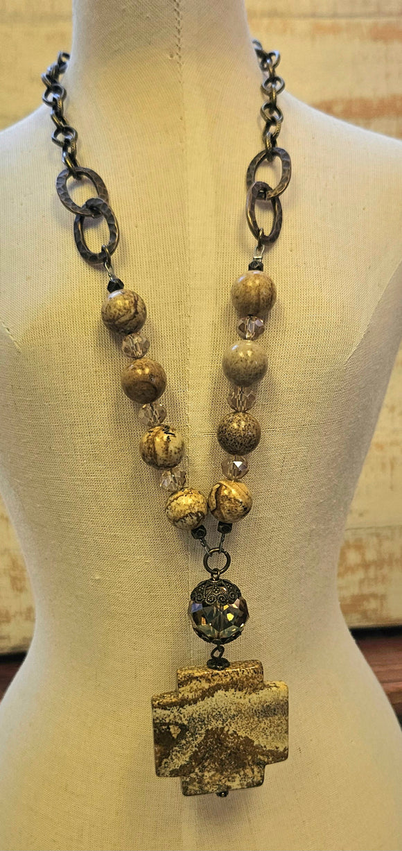 Brown Beaded Necklace With Stone