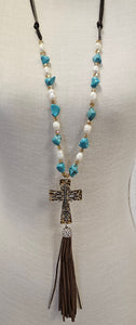 Turquoise And Pearl Beaded Cross Necklace With Tassle
