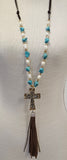 Turquoise And Pearl Beaded Cross Necklace With Tassle